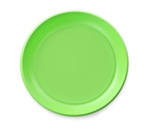 Photo of Disposable green plastic plate isolated on white, top view