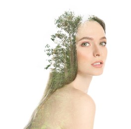 Image of Double exposure of beautiful woman and trees on white background