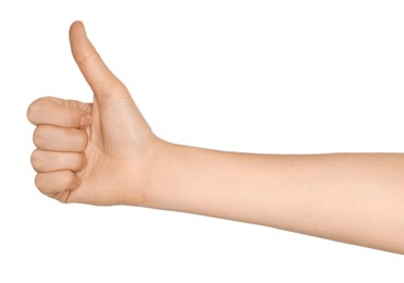 Photo of Woman showing thumb up gesture on white background, closeup of hand
