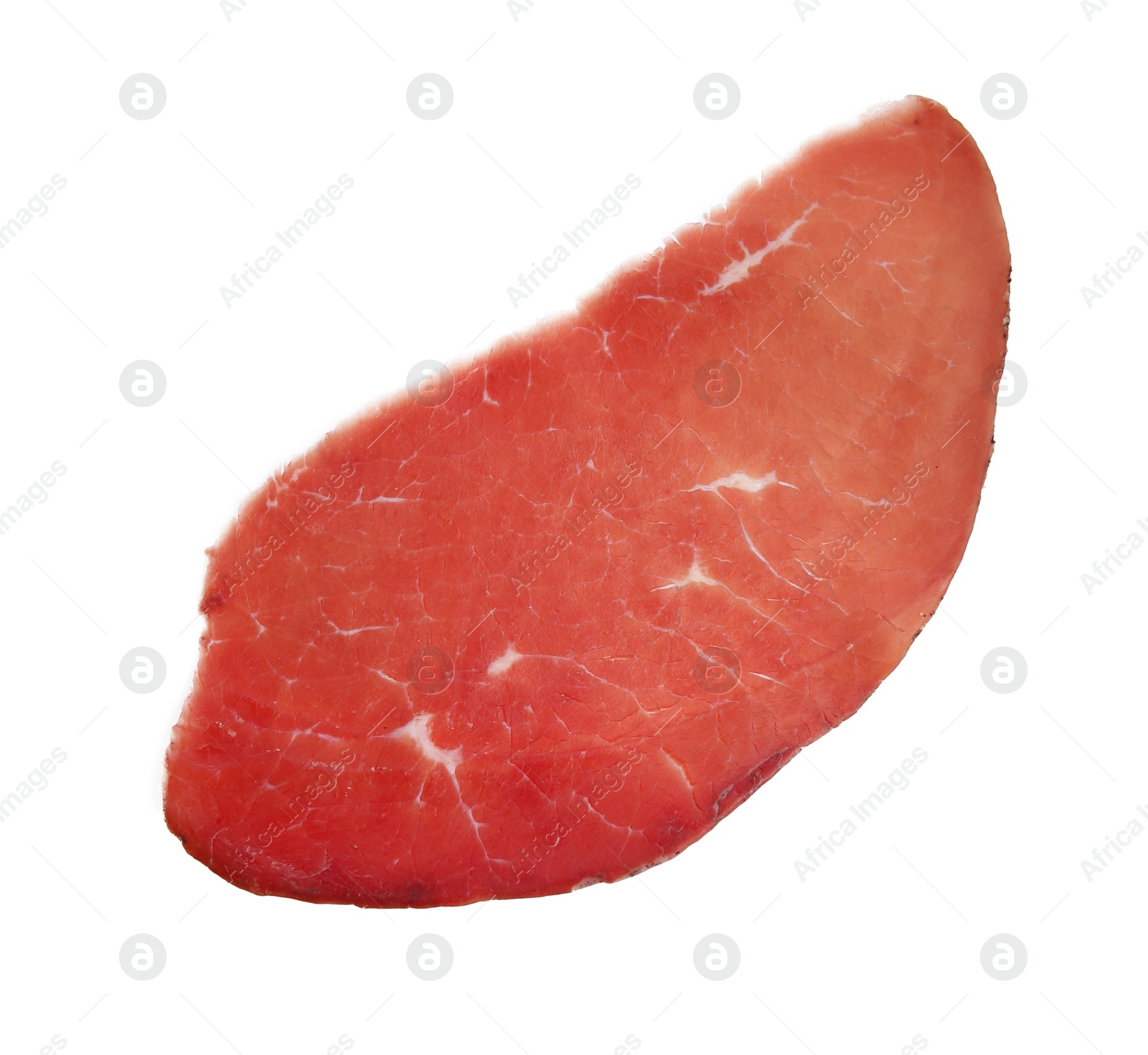 Photo of Slice of tasty bresaola isolated on white, top view