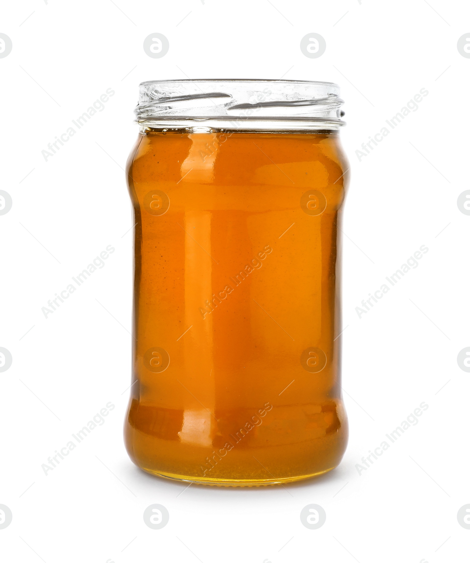 Photo of Jar with delicious honey on white background