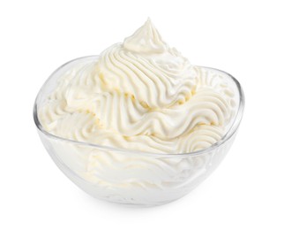 Photo of Delicious fresh whipped cream isolated on white