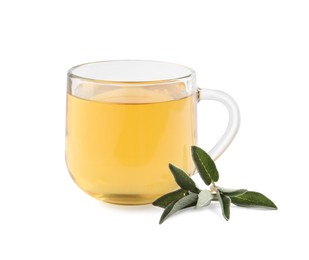 Photo of Cup of aromatic sage tea and fresh leaves on white background