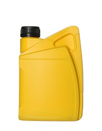 Photo of Motor oil in yellow container isolated on white