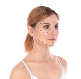 Photo of Portrait of woman with marks on face for cosmetic surgery operation against white background