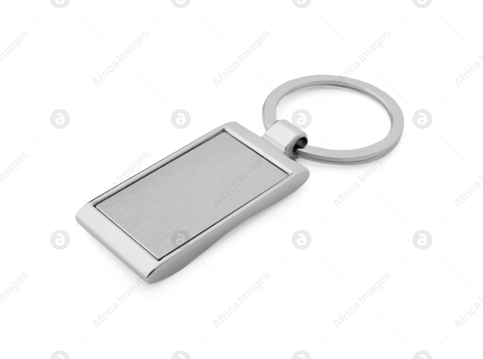 Photo of One blank metallic keychain isolated on white