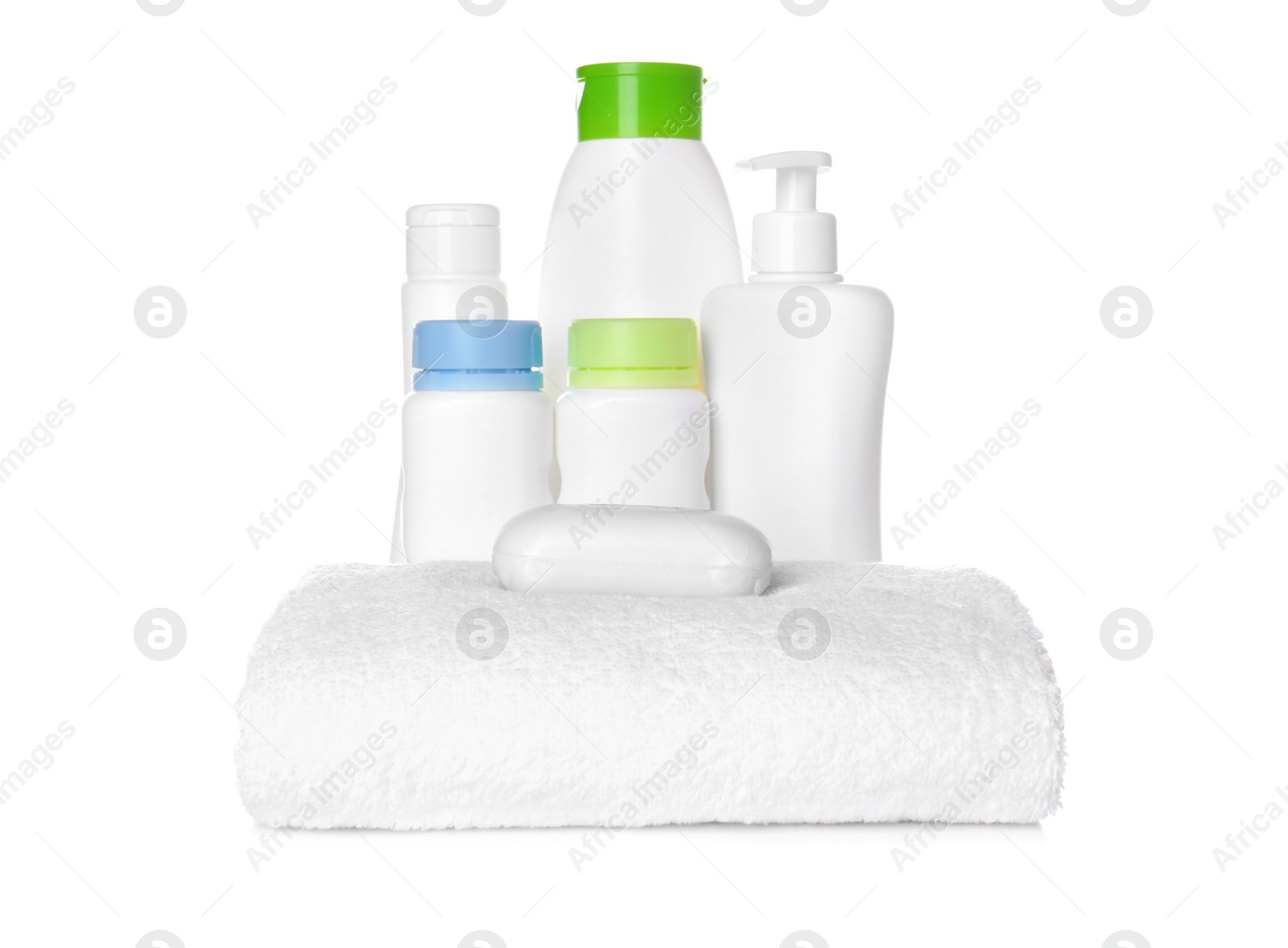 Photo of Set of baby accessories on white background