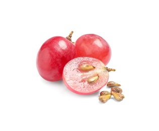 Photo of Organic fresh grapes with seeds on white background. Natural essential oil ingredient