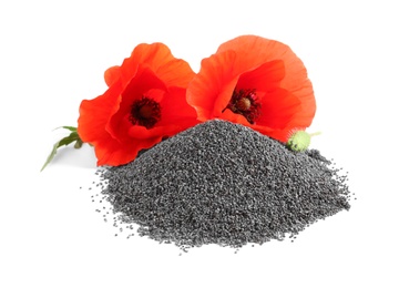 Photo of Pile of poppy seeds and flowers isolated on white