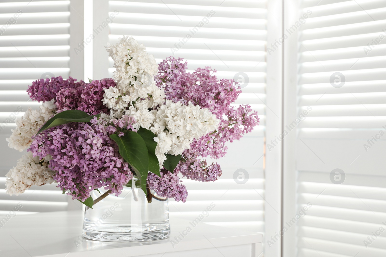 Photo of Beautiful lilac flowers in glass vase on white table. Space for text