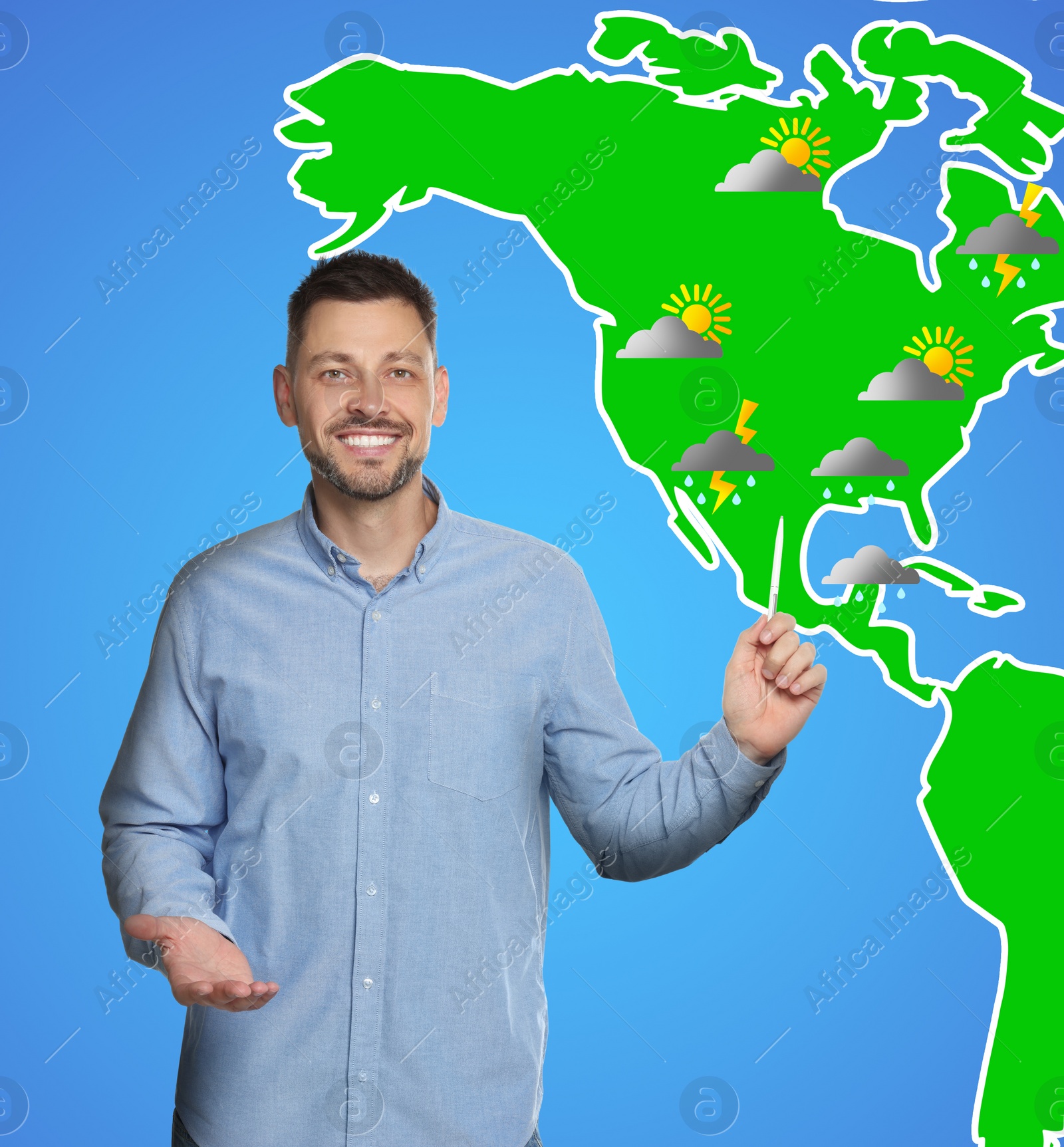 Image of Handsome man near virtual screen with map that demonstrating weather forecast in different regions