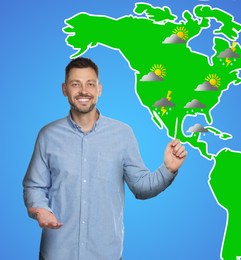 Handsome man near virtual screen with map that demonstrating weather forecast in different regions
