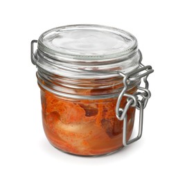 Delicious kimchi with Chinese cabbage in jar isolated on white