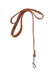 Photo of Brown leather dog leash isolated on white