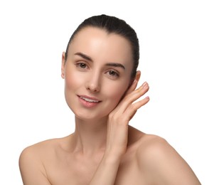 Portrait of beautiful young woman on white background