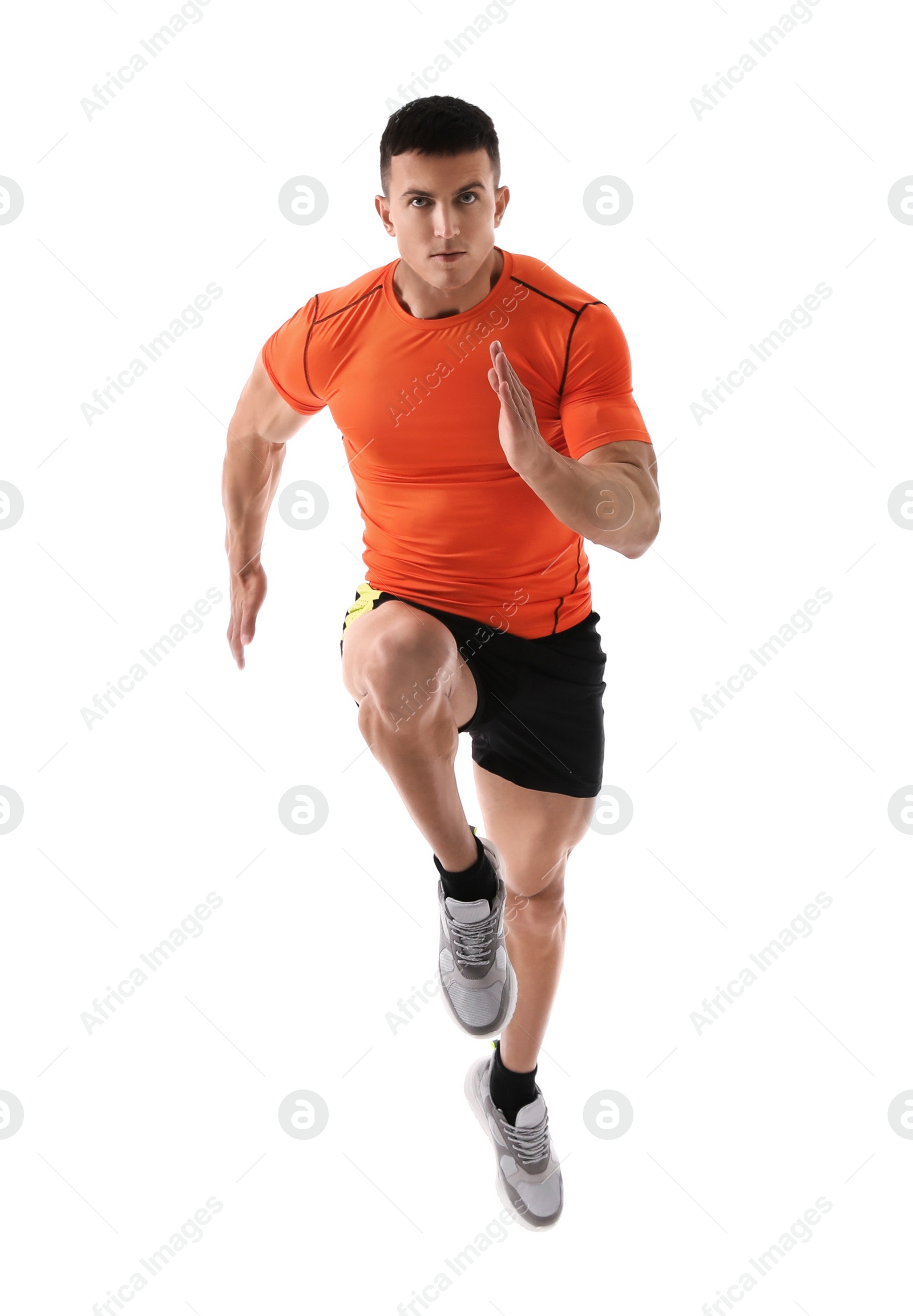 Photo of Athletic young man running on white background