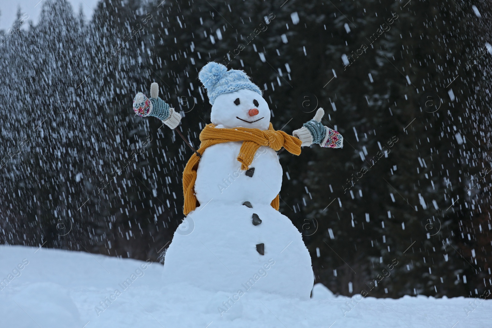 Photo of Adorable smiling snowman outdoors on winter day