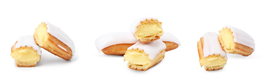 Image of Collage with tasty glazed eclairs on white background