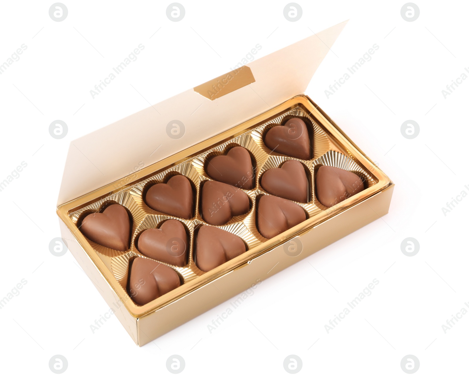 Photo of Delicious heart shaped chocolate candies in box isolated on white