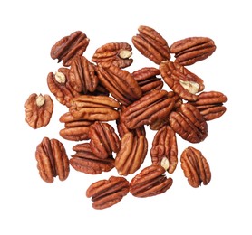 Photo of Tasty pecan nuts isolated on white, top view