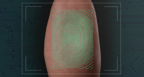 Image of Woman using biometric fingerprint scanner on color background, closeup