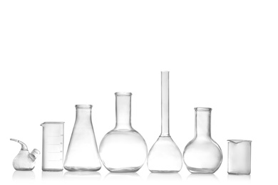 Laboratory glassware isolated on white. Chemical analysis