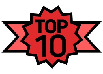 Top ten list. Award rosette with word and number 10 on white background