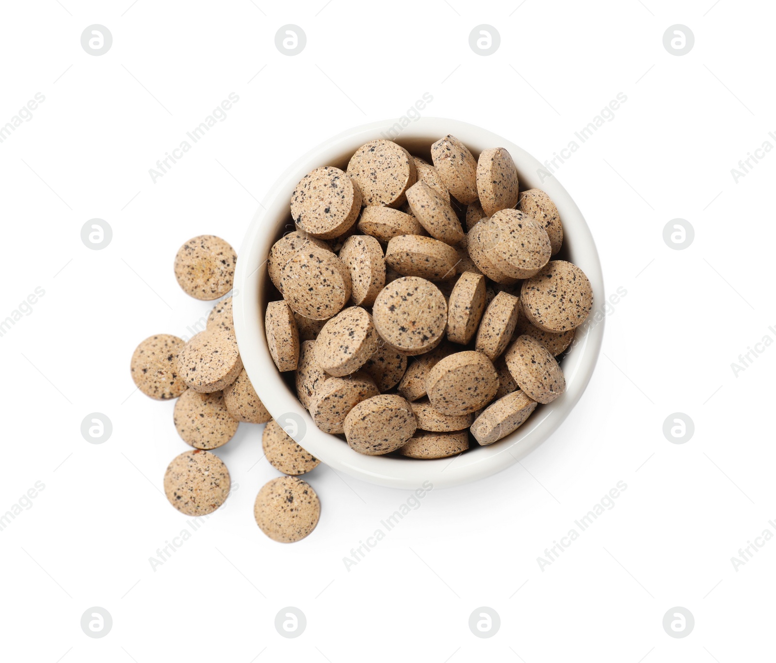 Photo of Different vitamin pills in bowl isolated on white, top view