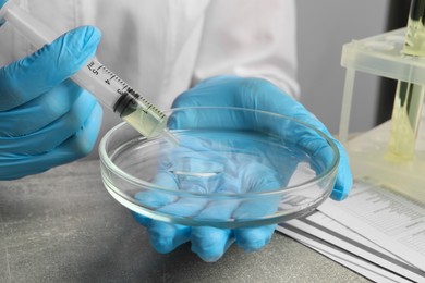 Photo of Doctor dripping urine from syringe into petri dish at grey table, closeup