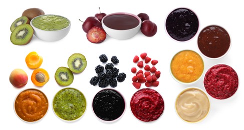 Image of Set with different tasty fruit puree on white background