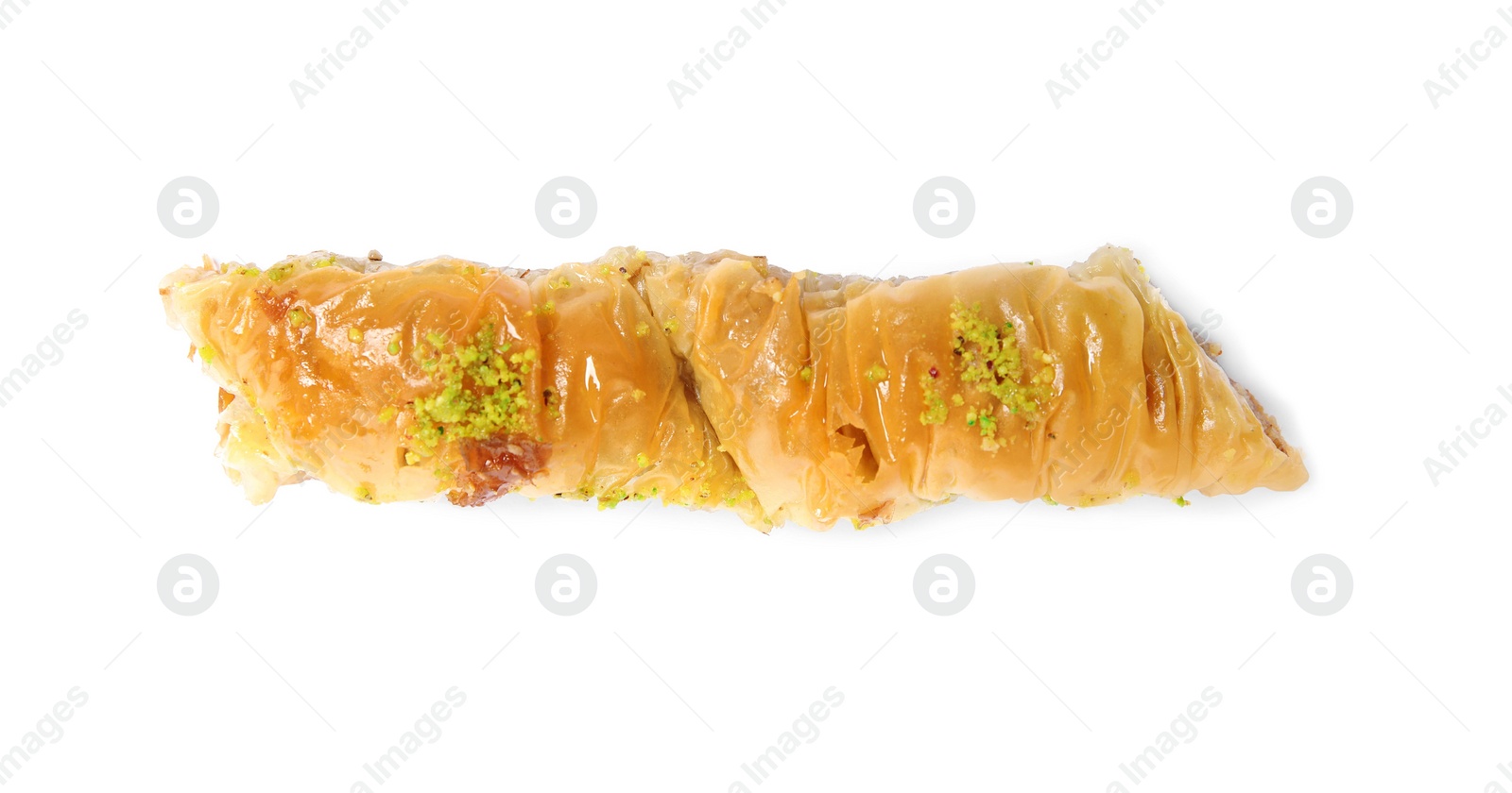 Photo of Delicious baklava with pistachios on white background, top view