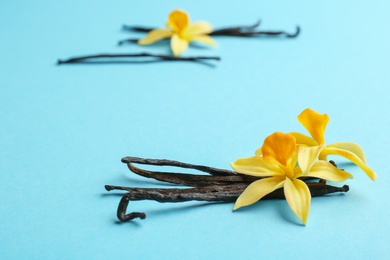 Photo of Vanilla sticks and flowers on blue background, closeup. Space for text