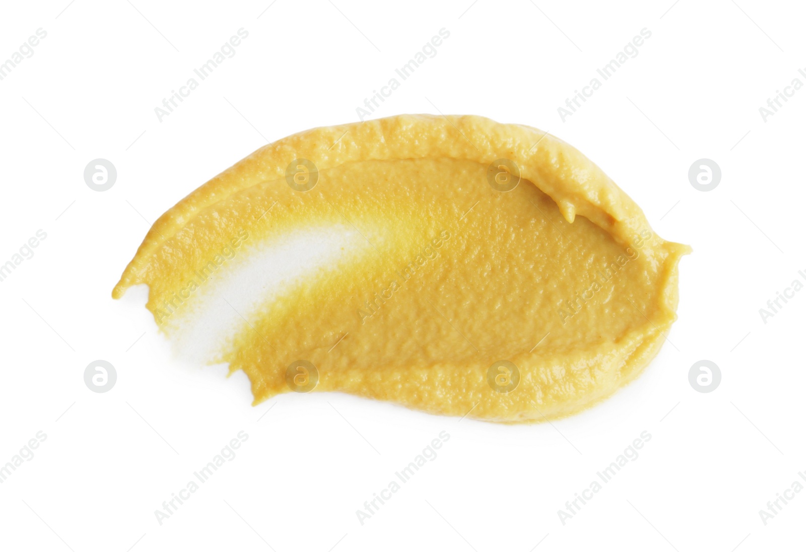 Photo of Smear of delicious mustard isolated on white, top view