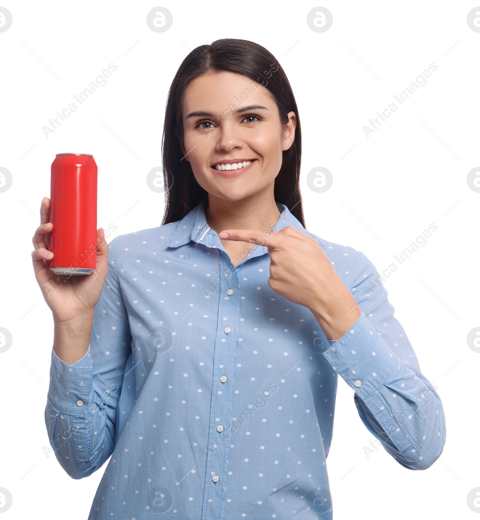 Photo of Beautiful young woman holding tin can with beverage on white background