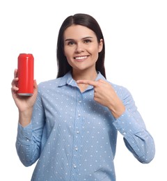 Beautiful young woman holding tin can with beverage on white background