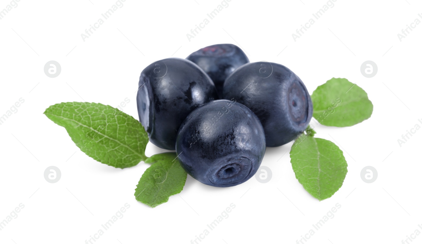 Photo of Tasty ripe bilberries and green leaves isolated on white