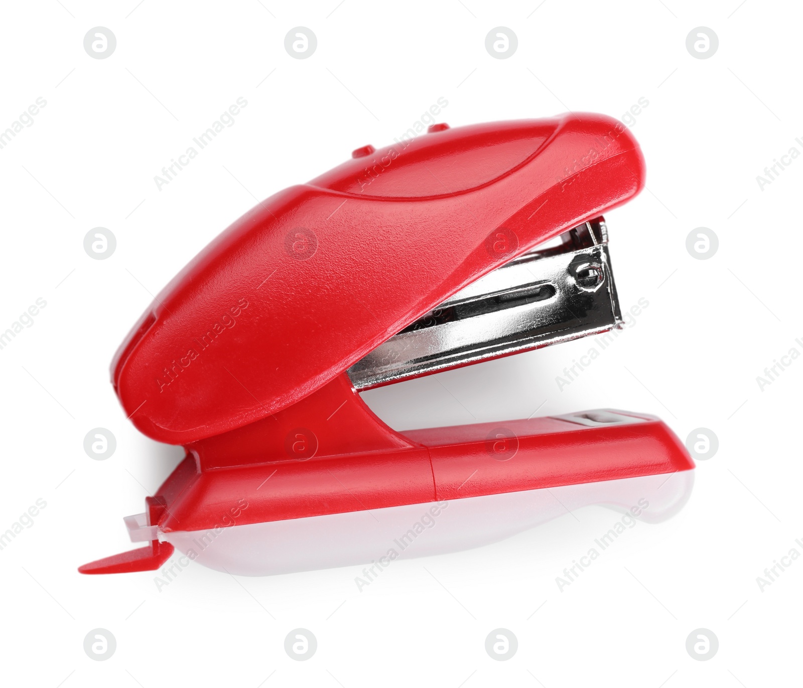 Photo of One red stapler isolated on white, top view