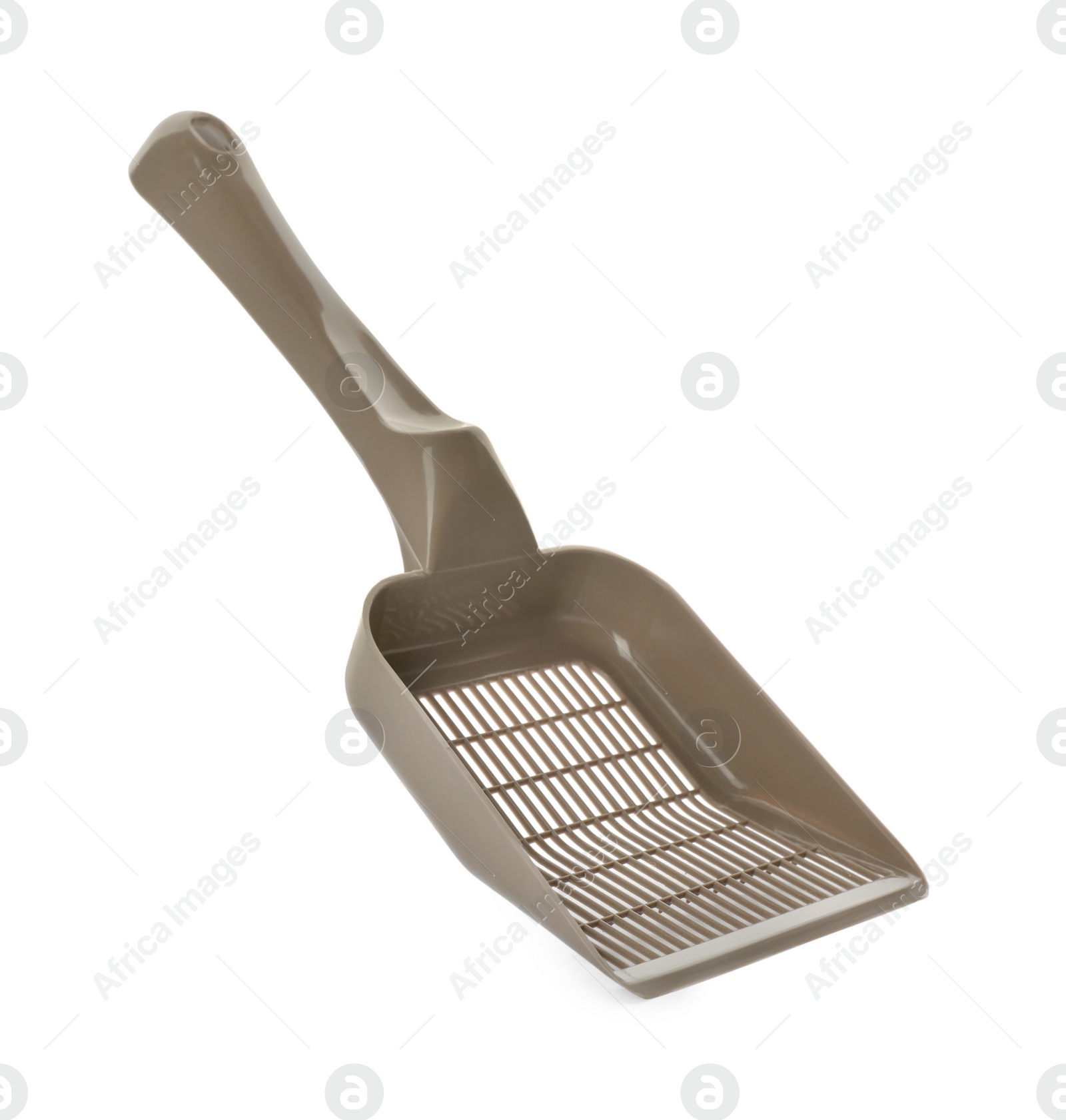 Photo of Grey plastic scoop for cat litter isolated on white