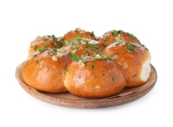 Photo of Traditional Ukrainian garlic bread (Pampushky) on white background