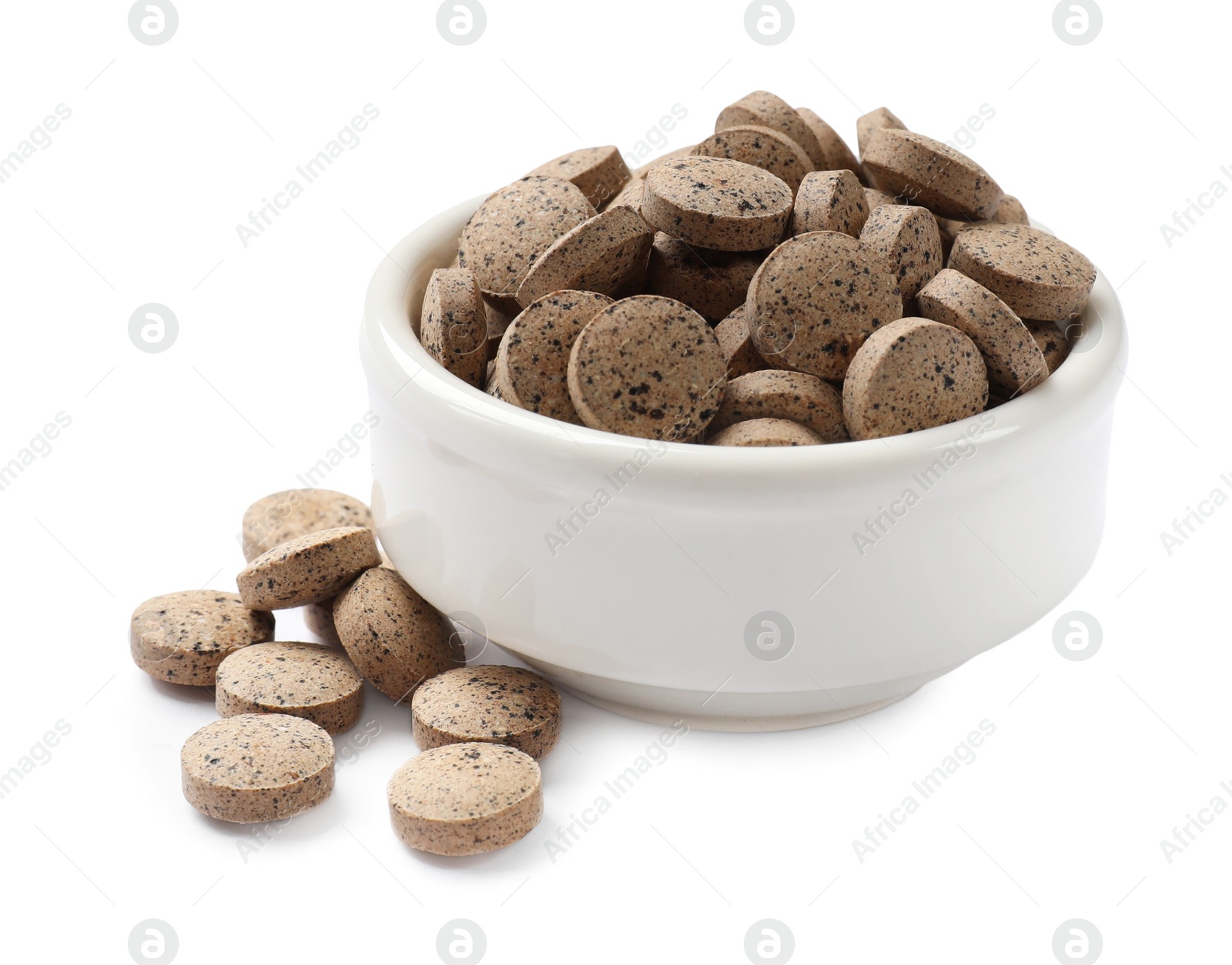 Photo of Different vitamin pills in bowl isolated on white