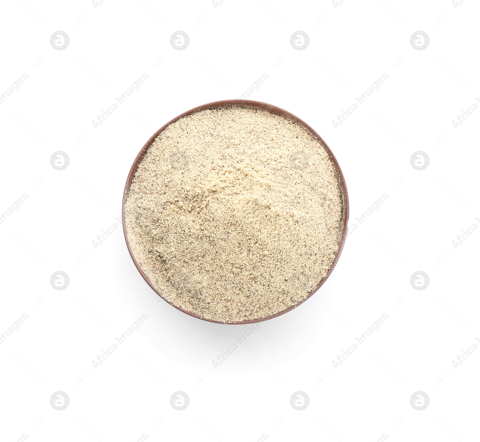 Photo of Bowl with pepper powder on white background, top view