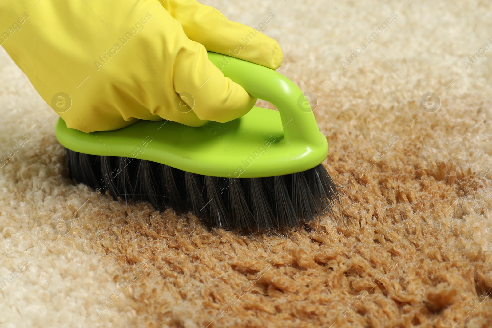 Photo of Woman removing stain from beige carpet, closeup