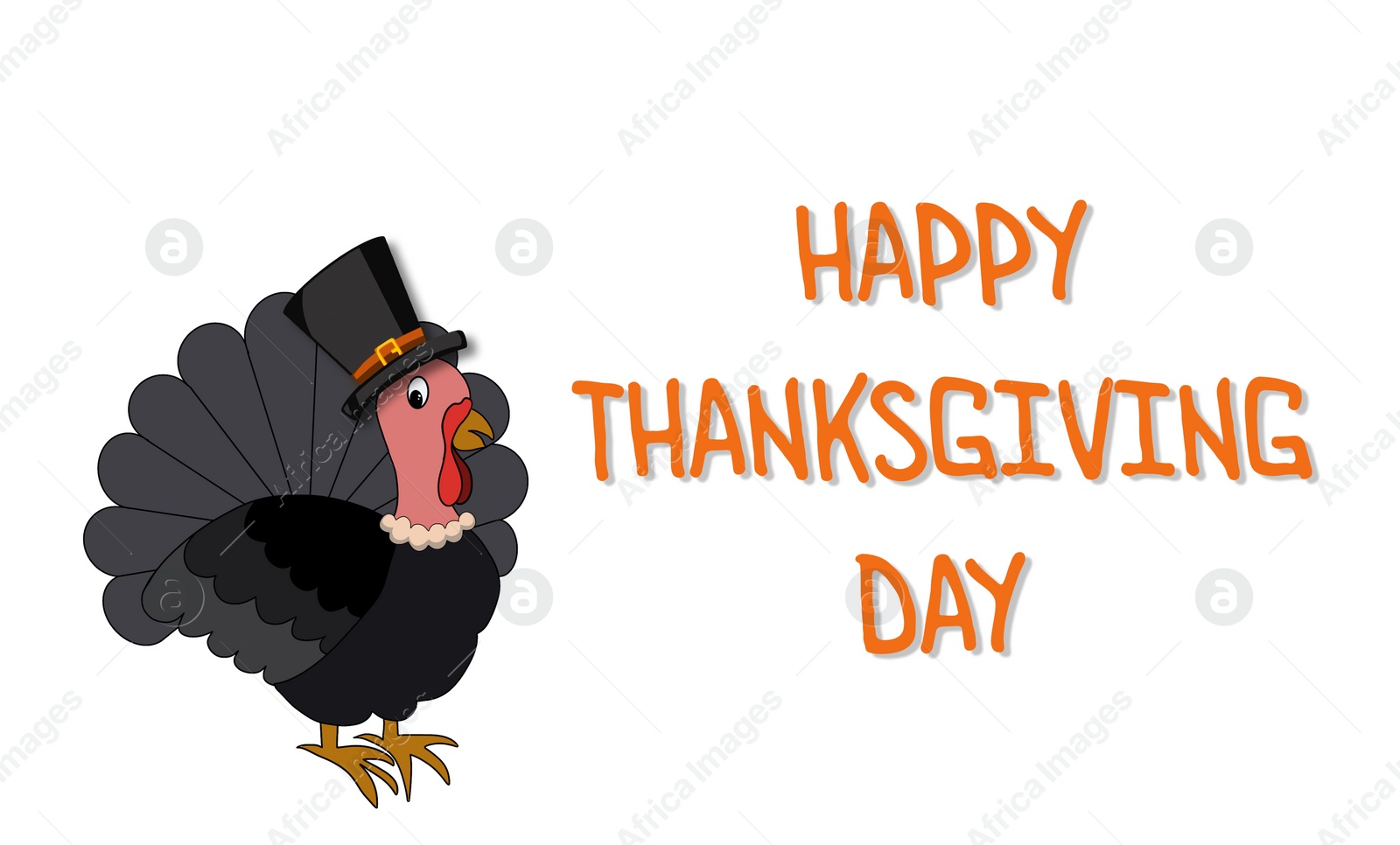 Illustration of Thanksgiving day card design.  turkey in hat and text on white background