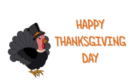 Illustration of Thanksgiving day card design.  turkey in hat and text on white background