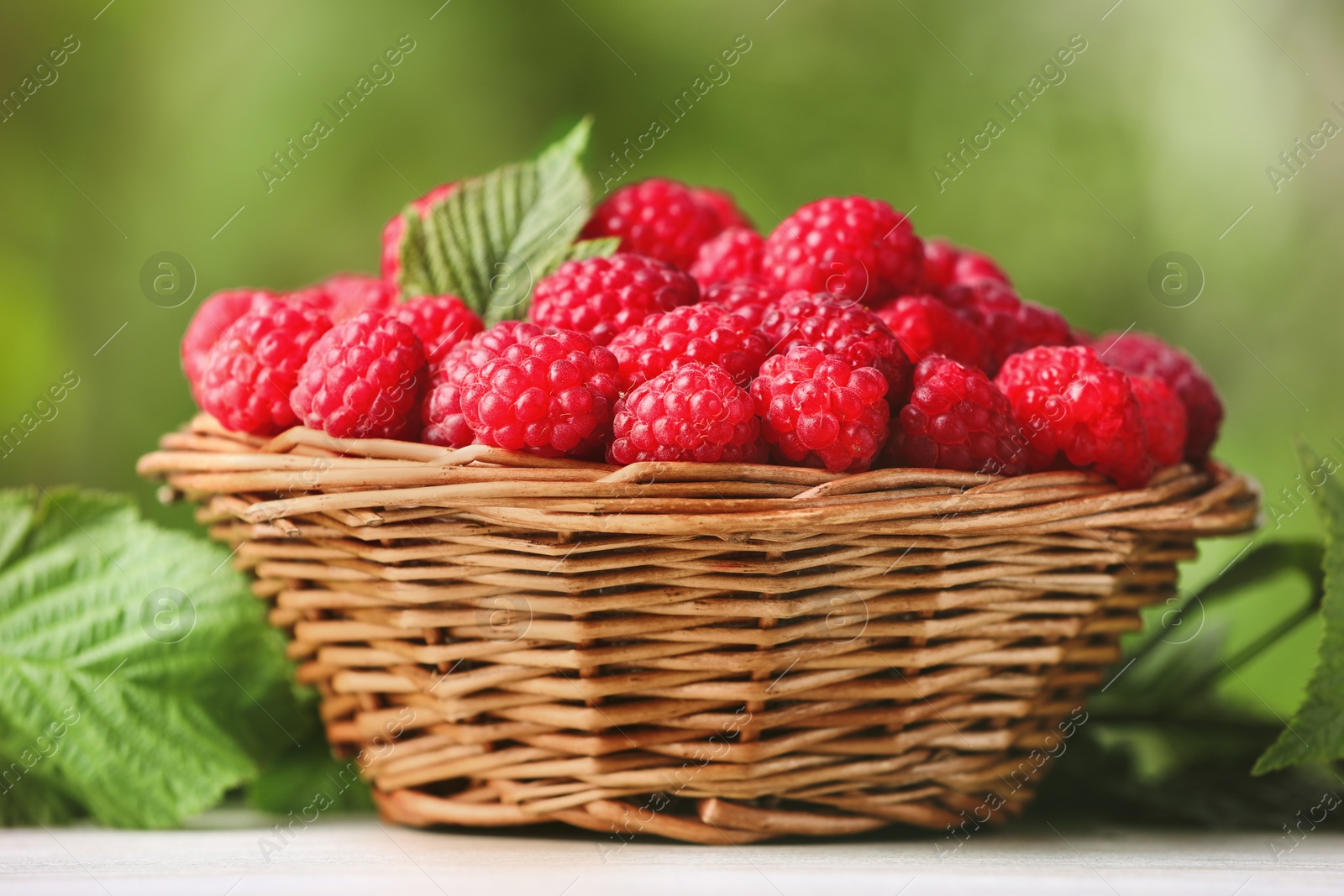 Photo of Wicker basket with tasty ripe raspberries and leaves on white table against blurred green background