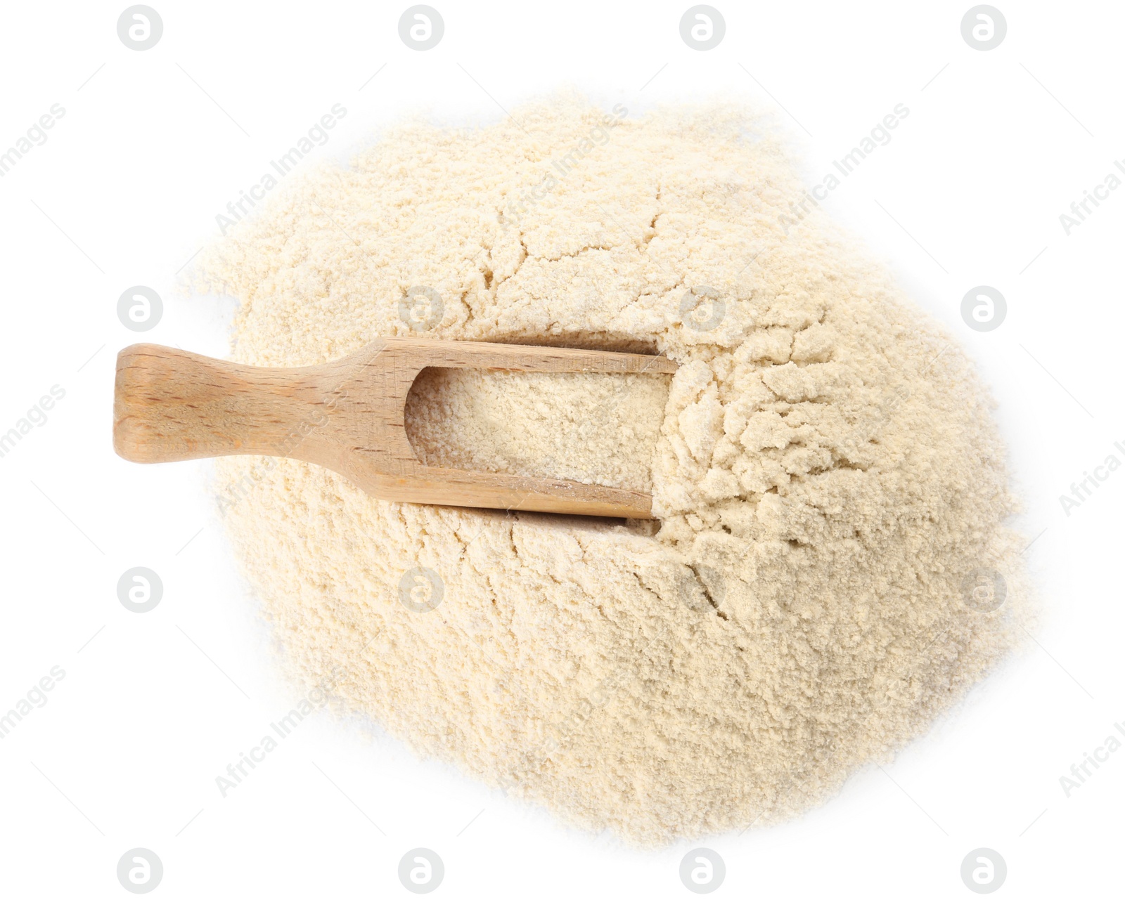 Photo of Pile of quinoa flour and scoop isolated on white, top view