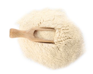 Photo of Pile of quinoa flour and scoop isolated on white, top view