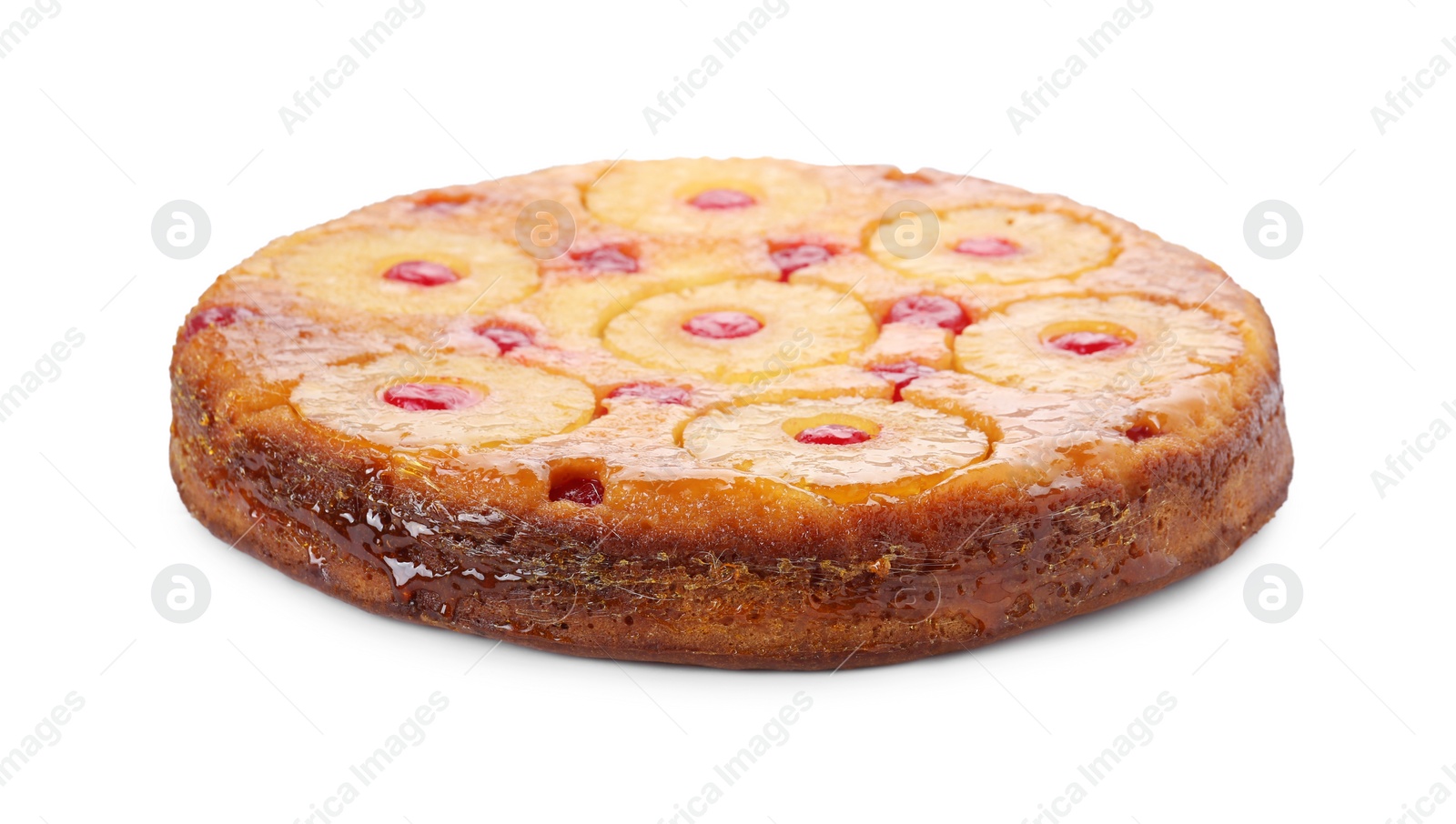 Photo of Tasty pineapple cake with cherries isolated on white