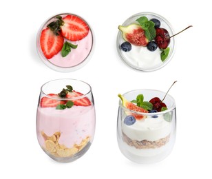 Image of Different delicious yogurts in glasses isolated on white, top and side views
