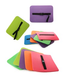 Image of Set with colorful foam tourist seat mats on white background 